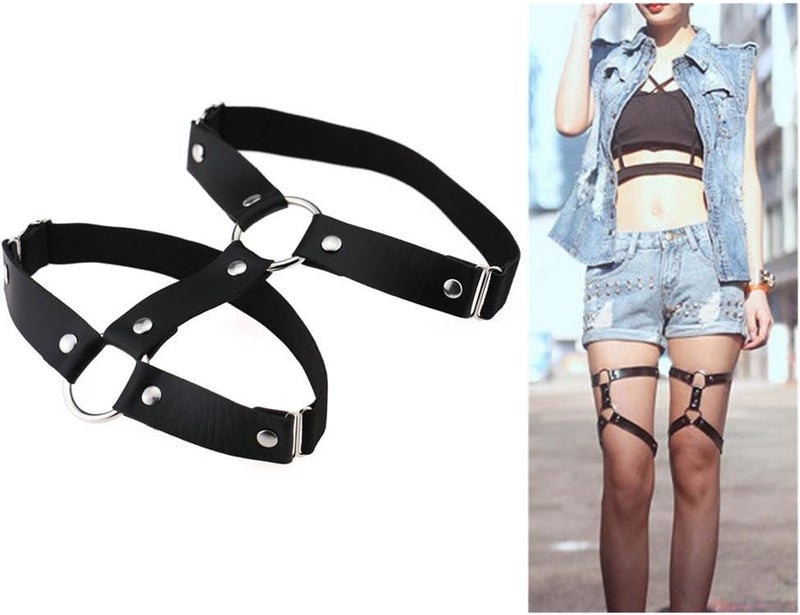 Outman Adjustable Elastice 2 Rows Leather Leg Harness Garter Belt Punk Gothic Thigh Ring Garter - Image 2